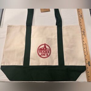 NWT Trader Joe's Canvas Tote Bag - full size, green, white, w/ red logo